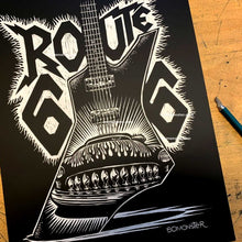 Load image into Gallery viewer, One-of-a-Kind Route 66 Original Art. Unframed 12"x16" Heavy Metal Guitar &amp; Custom Mercury.