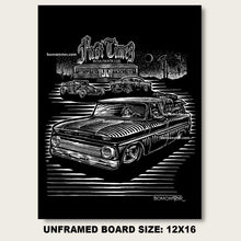 Load image into Gallery viewer, Unique, Original Unframed 12"x16" Chevy C10 &amp; Triumph Dirt Bike Art – Roadside Diner Scene.