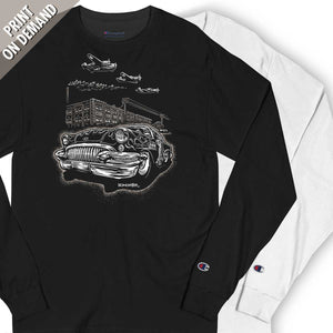 custom '55 buick in detroit longsleeve tee by bomonster