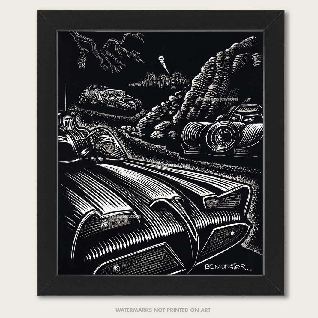 Origina art of three different Batmobiles hidden above Gotham City by BOMONSTER