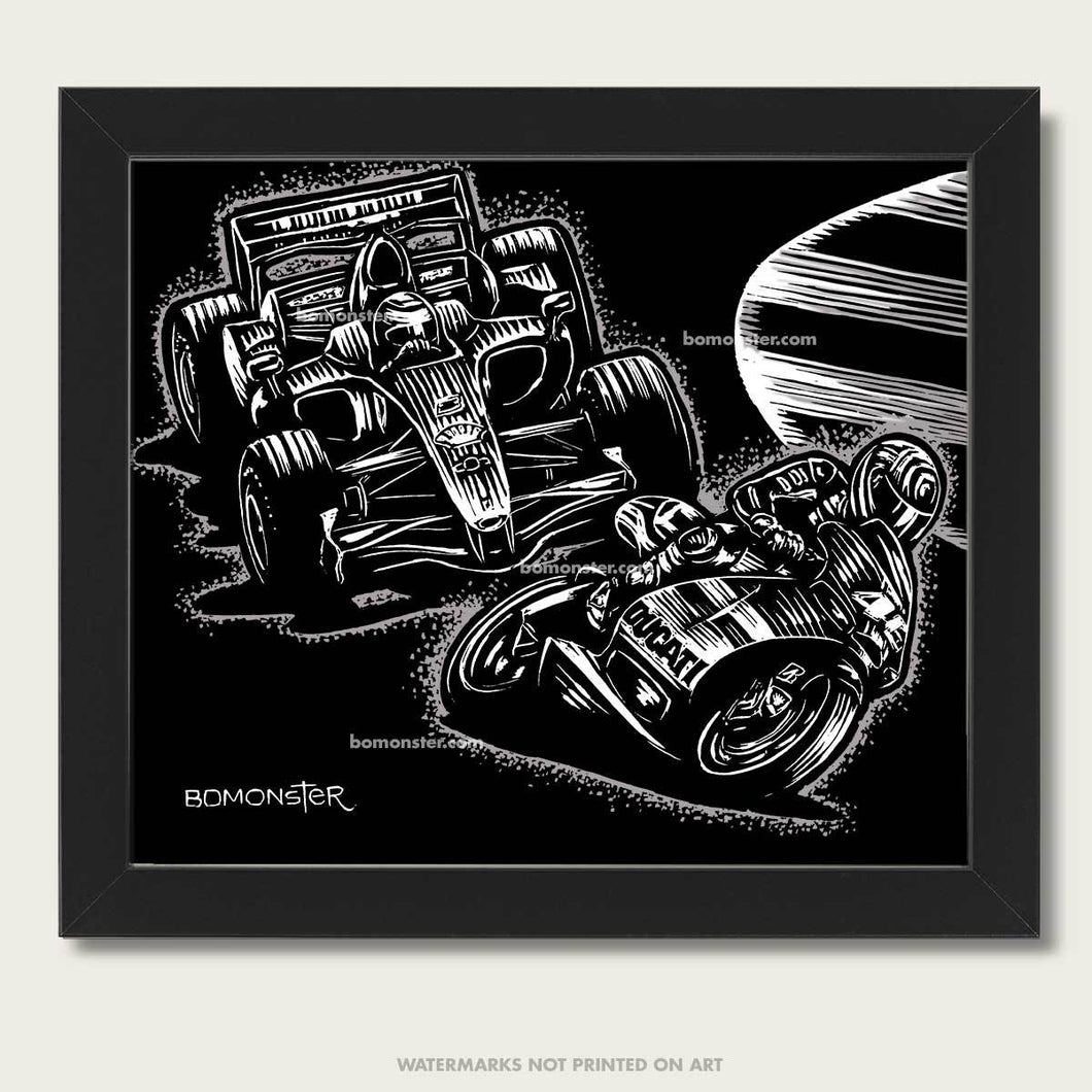 valentino rossi and ferrari f1 car at speed art by bomonster