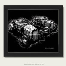 Load image into Gallery viewer, two hot rods race each other art by bomonster