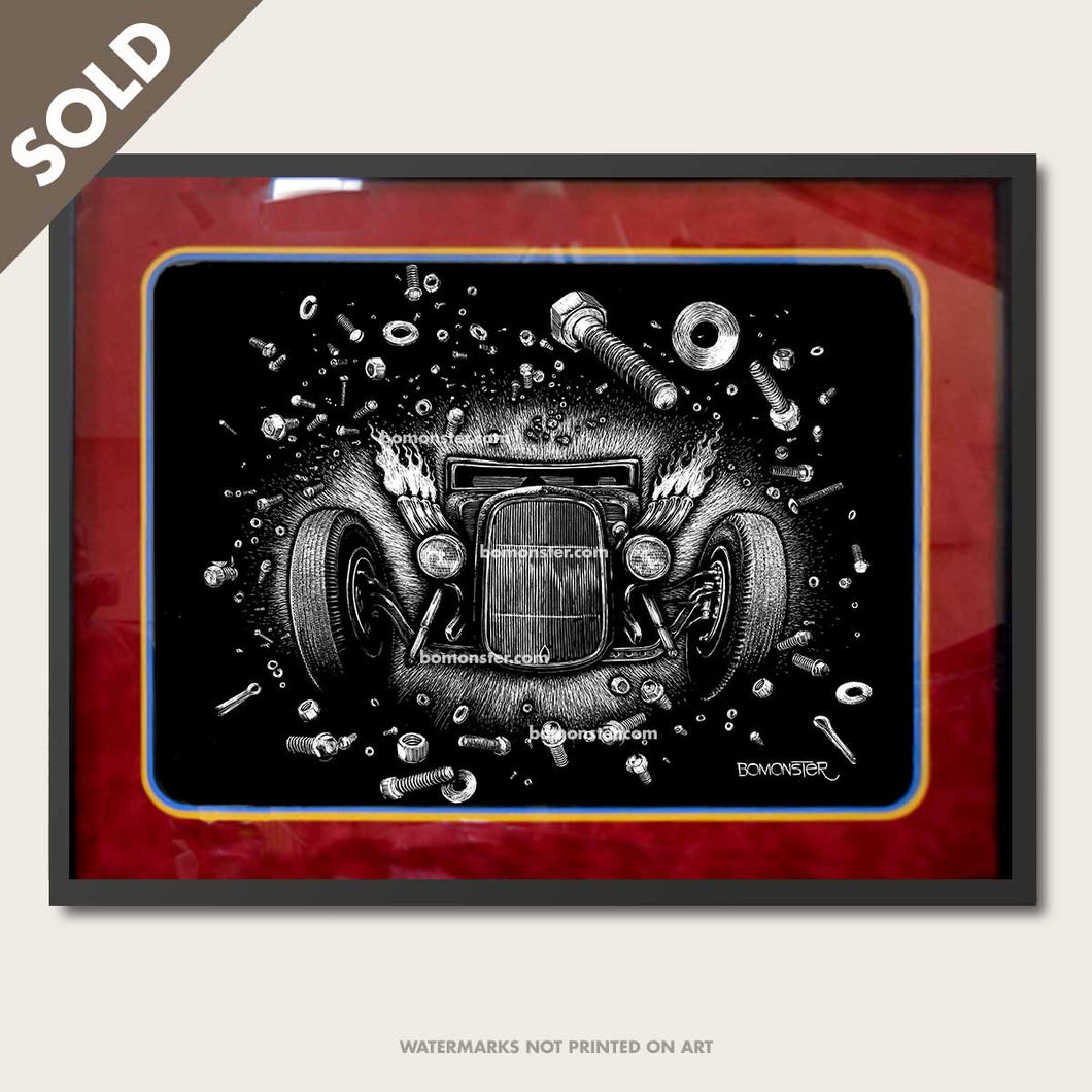 bomonster hot rod art of model a coupe in space junk of nuts and bolts