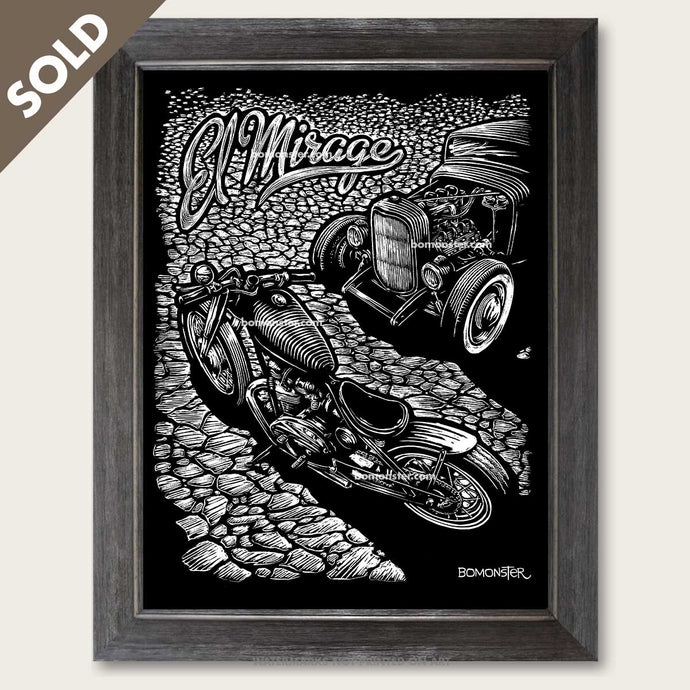 bomonster art of triumph motorcycle and hot rod on dry lake