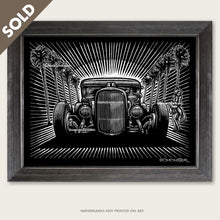 Load image into Gallery viewer, bomonster hot rod art of model a coupe in palm trees