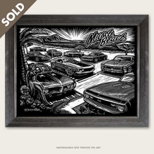 Load image into Gallery viewer, bomonster art of muscle cars on beach as beautiful girl looks on.