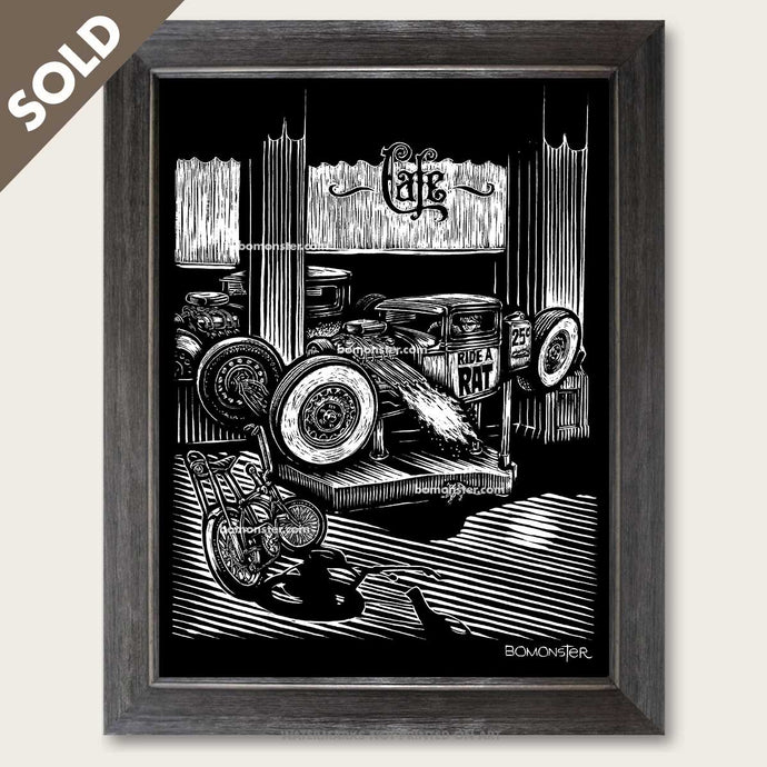 bomonster rat rod art of boy in coin operated rat rod
