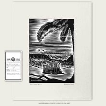 Load image into Gallery viewer, vintage trailer at beach with big waves art by bomonster