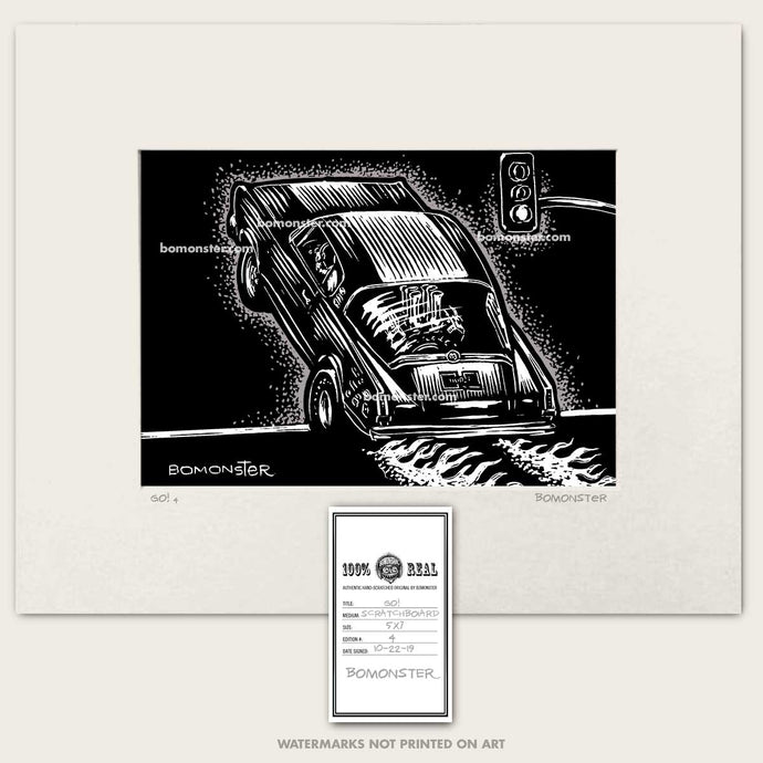 drag racing art by bomonster of hemi under glass wheelie car