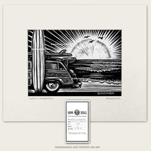 Load image into Gallery viewer, ford woody at beach with longboard surfboard art by bomonster