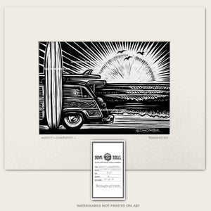 ford woody at beach with longboard surfboard art by bomonster