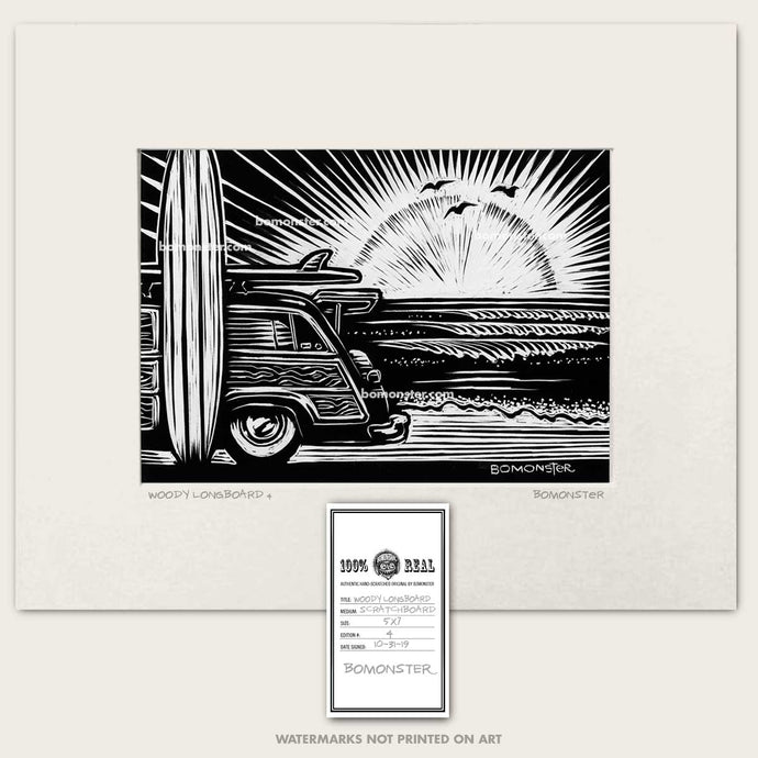 ford woody at beach with longboard surfboard art by bomonster