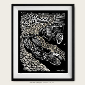 bomonster art of triumph chopper and hot rod on dry lake