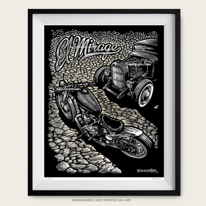 bomonster art of triumph chopper and hot rod on dry lake
