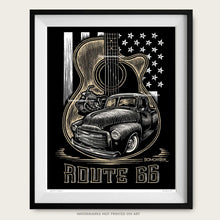 Load image into Gallery viewer, bomonster truck art of vintage gmc truck and harley-davidson in guitar shape