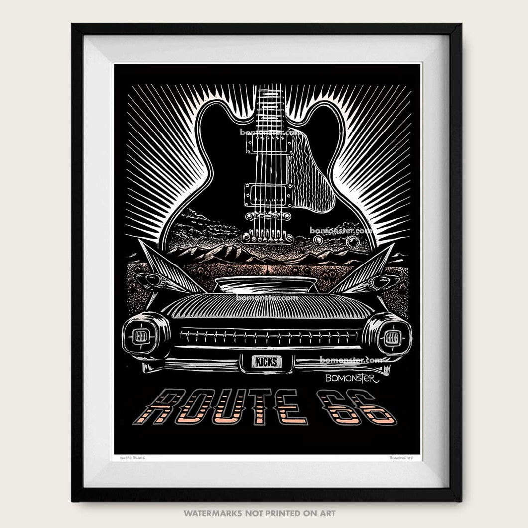 bomonster art of cadillac fins and bb king lucille guitar on route 66