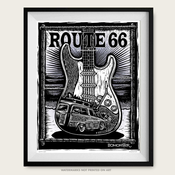 bomonster surf art of woody and fender stratocaster guitar