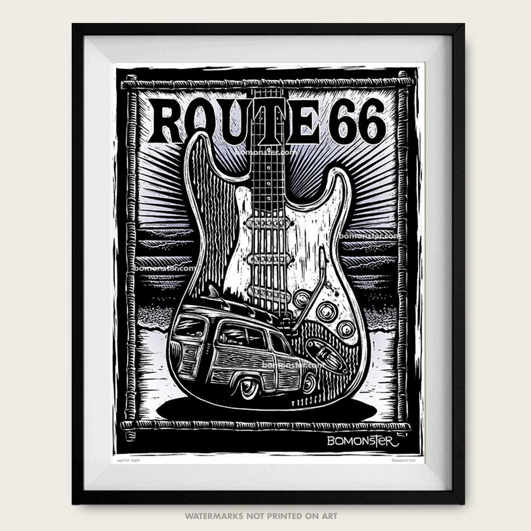 bomonster surf art of woody and fender stratocaster guitar
