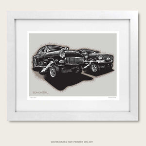 bomonster hot rod art of two chevy gasser drag race cars