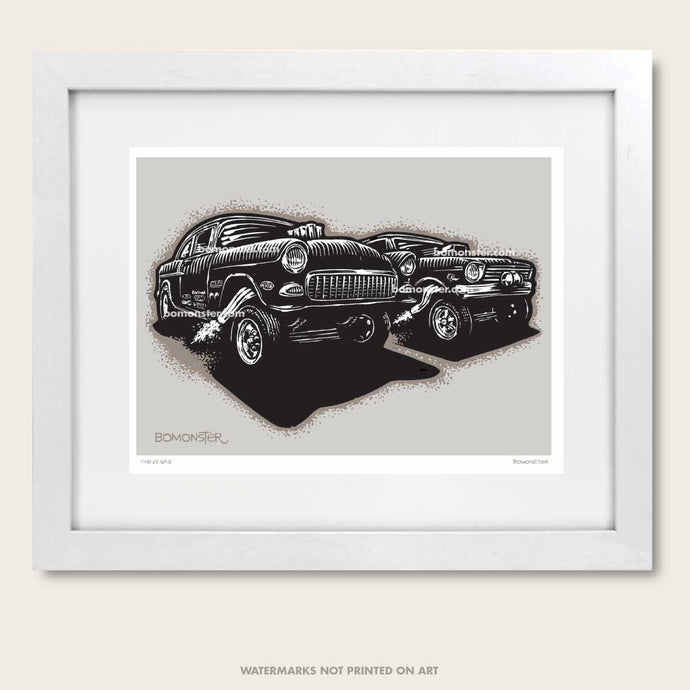 bomonster hot rod art of two chevy gasser drag race cars
