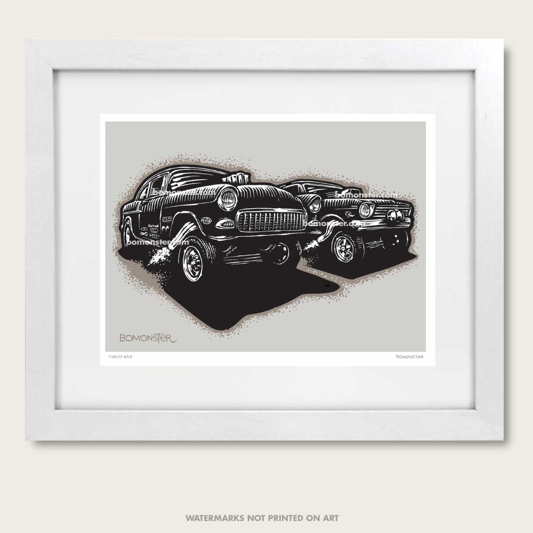 bomonster hot rod art of two chevy gasser drag race cars