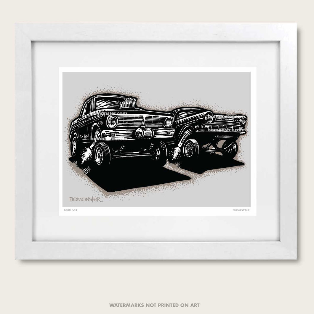 bomonster hot rod art of two ford gasser drag race cars