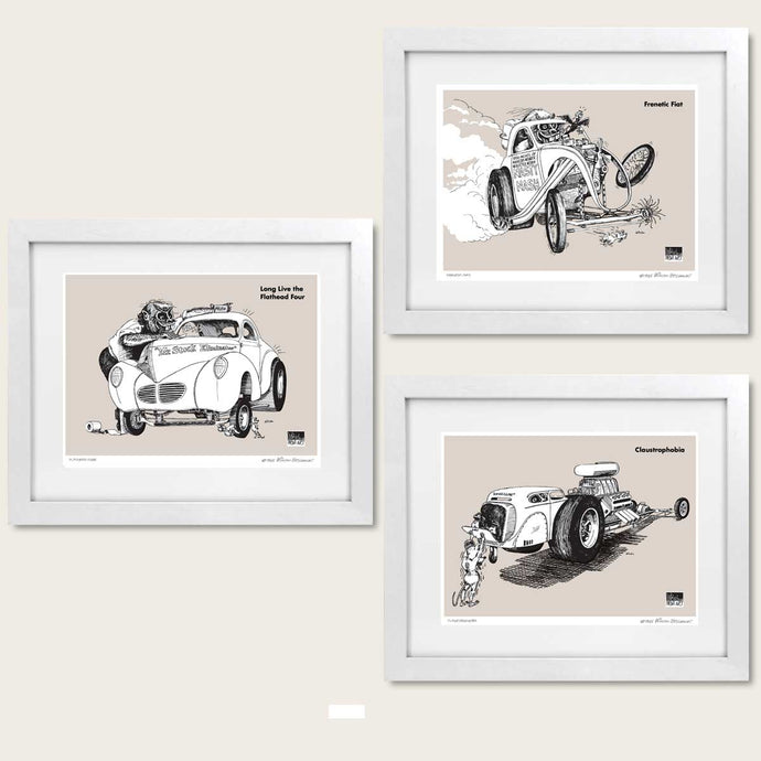 winston's drag art from 1965 of monsters, rats and drag race cars