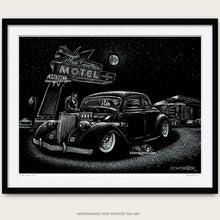 Load image into Gallery viewer, bomonster hot rod art of a 1936 custom ford stopping on route 66