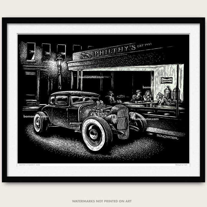 bomonster hot rod art of model a coupe added to ed hoppers nighthawks scene
