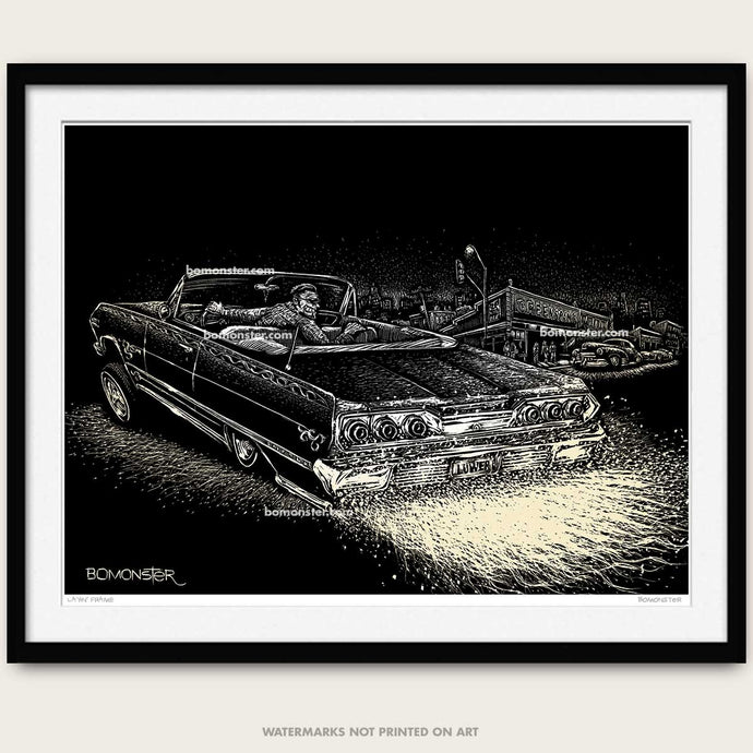 bomonster chevy impala lowrider art of car tail dragging and making sparks 