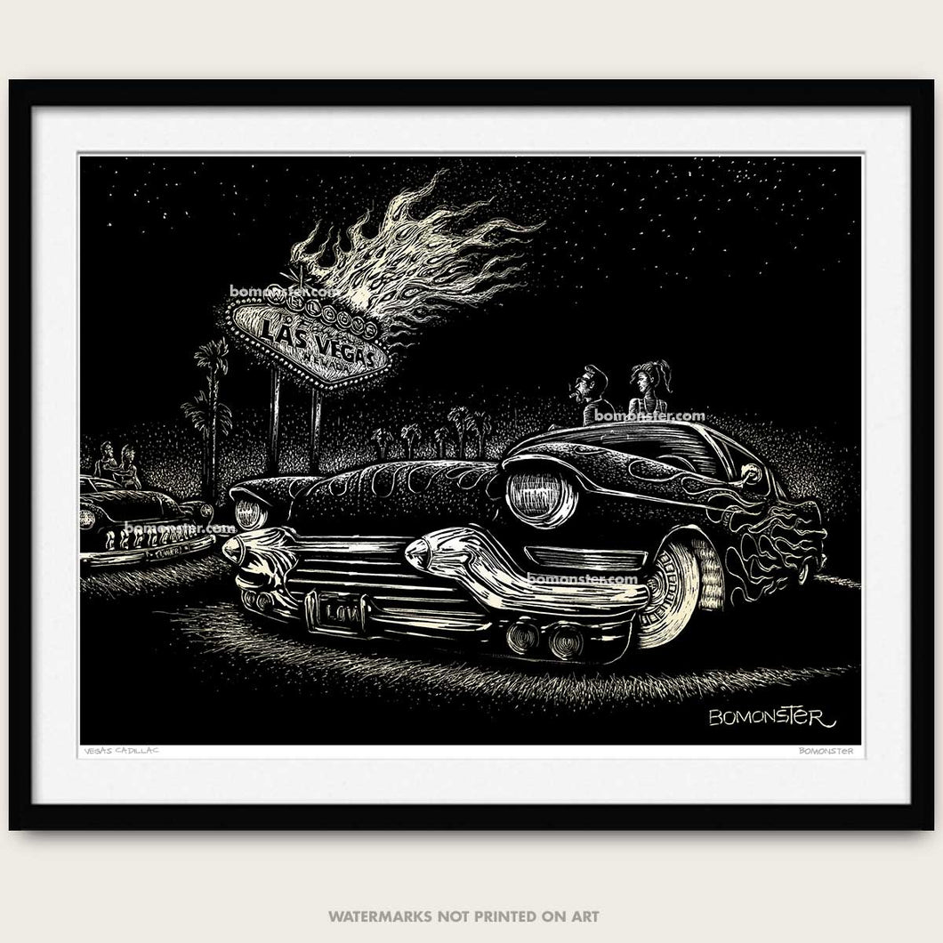 bomonster custom car art of a cadillac and custom merc watching the las vegas sign burn