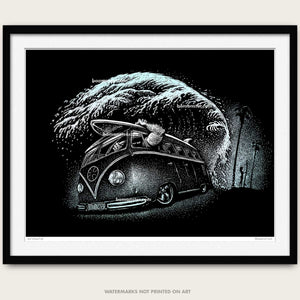 vw surf art by bomonster of a classic vw bus and monster driver holding surfboard