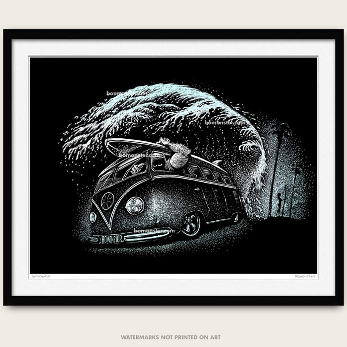 vw surf art by bomonster of a classic vw bus and monster driver holding surfboard