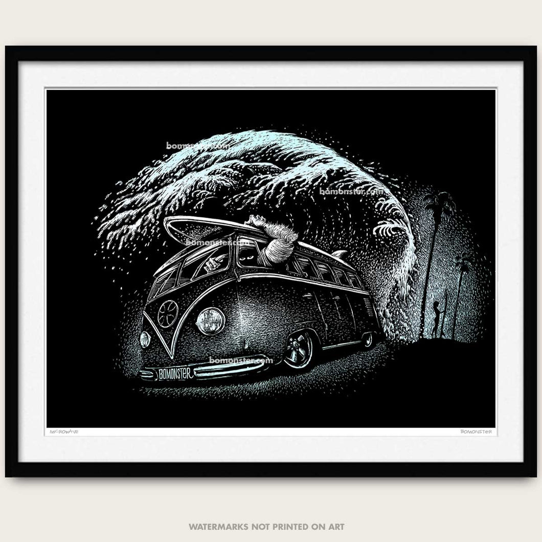 vw surf art by bomonster of a classic vw bus and monster driver holding surfboard