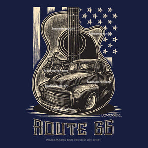 men's t-shirt with old gmc truck and harley in guitar shape and flag